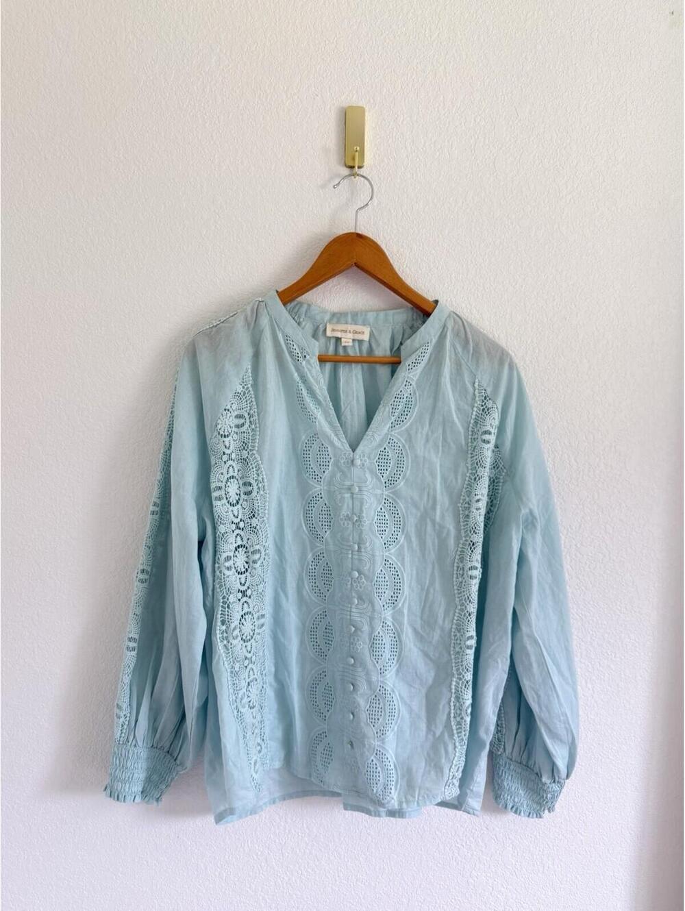Jennifer & Grace Blouse Womens 2X Eyelet Lace Blue Coastal Minimal Cottage Beach